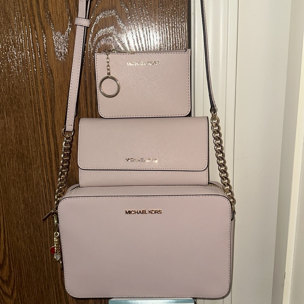 Michael Kors Set Blush Pink Crossbody Bag Wallet Keyholder Keychain - Picture 1 of 14